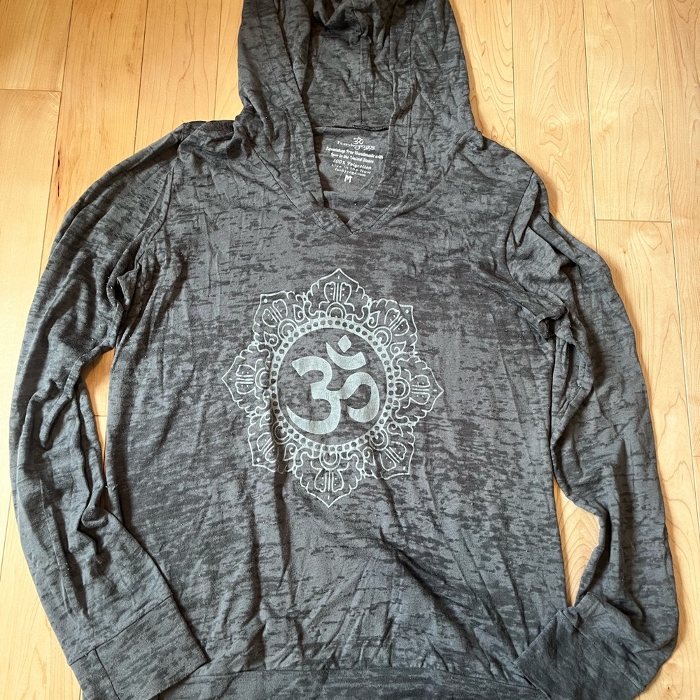 Gray Hooded Long Sleeve Top with Om Mandala Graphic